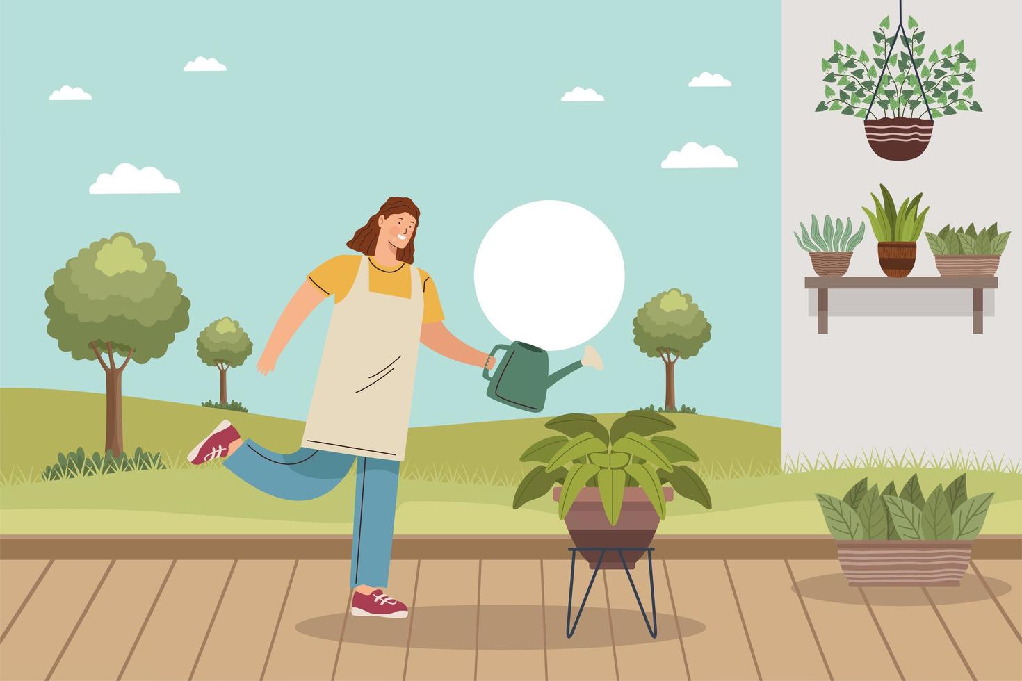 mujer jardinera con aspersor vector