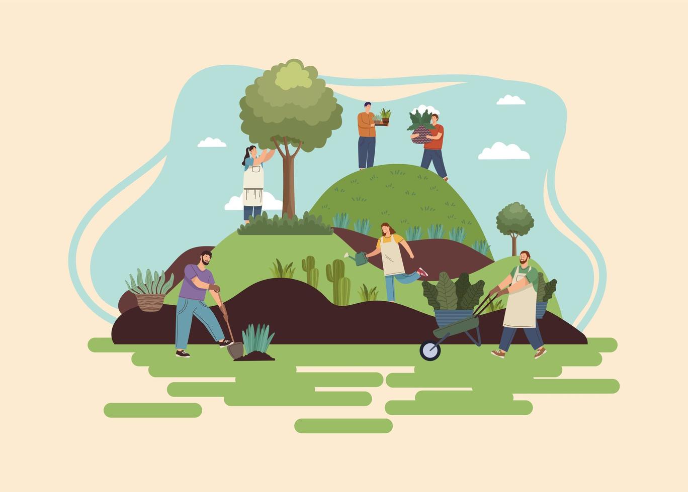 gardeners group working characters vector