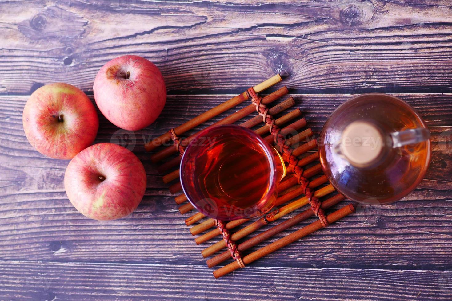 apple vinegar in glass bottle with fresh green apple on table photo