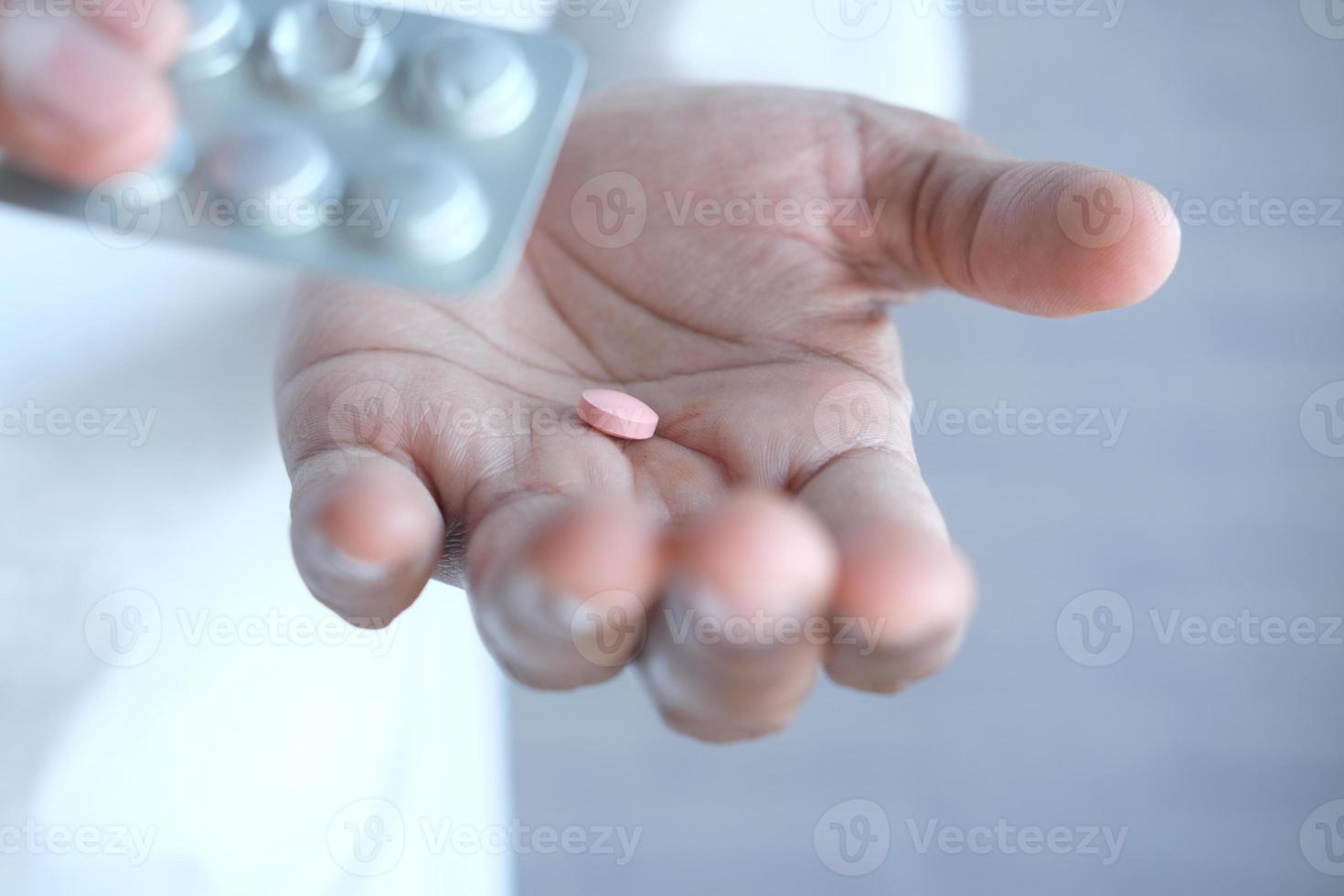 Close up of man hand holding pills with copy space photo