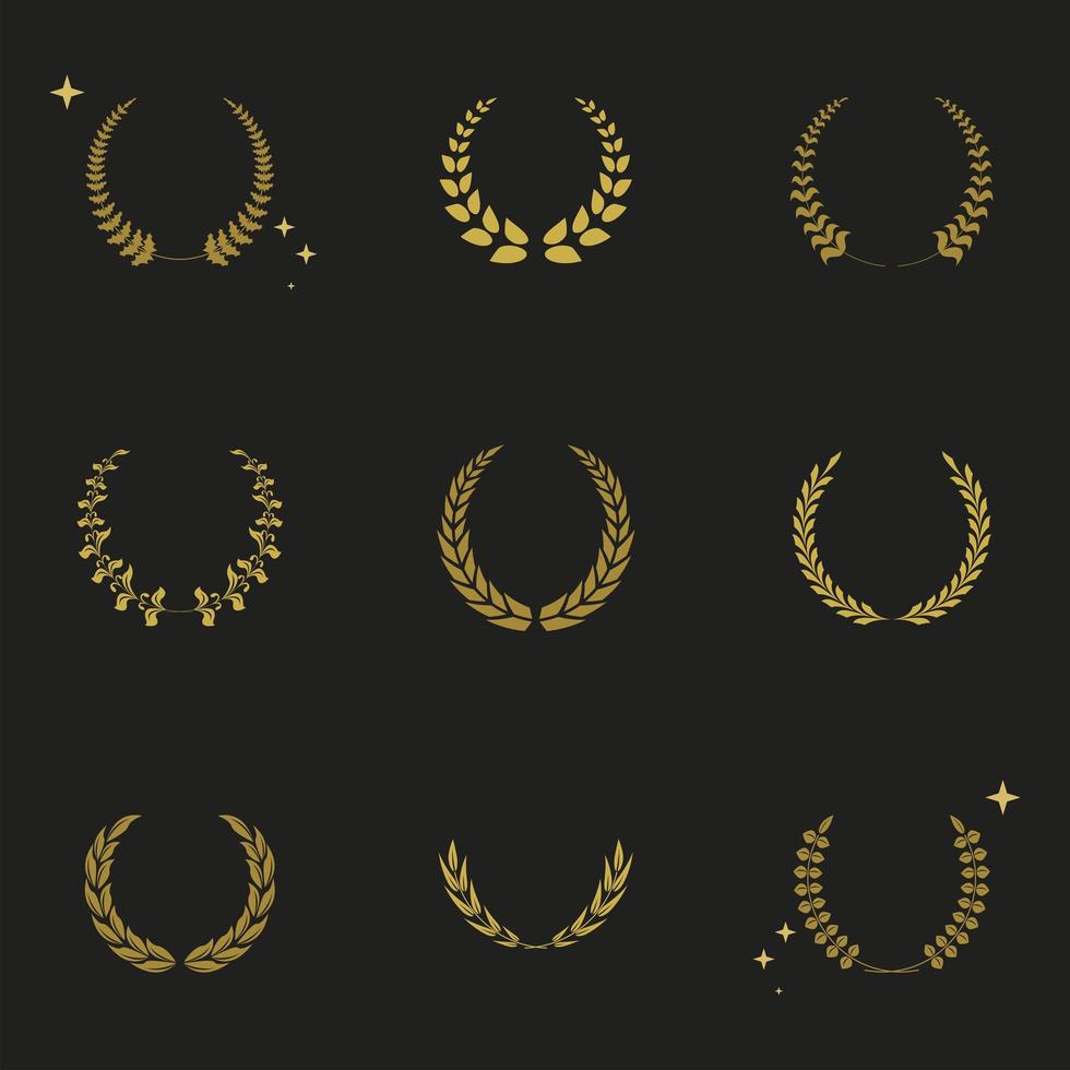 nueve iconos de coronas de laurel vector