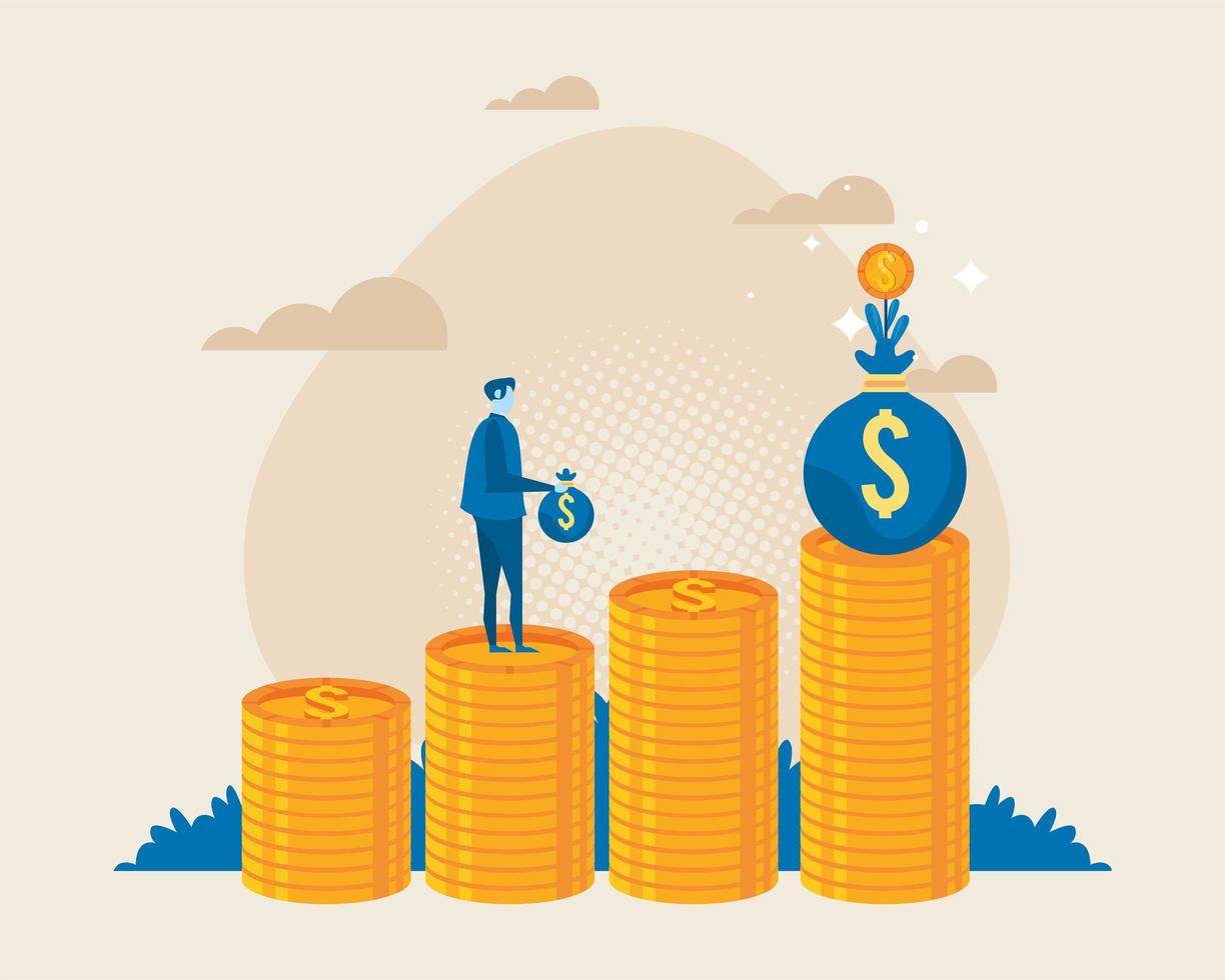 businessman in pile coins vector