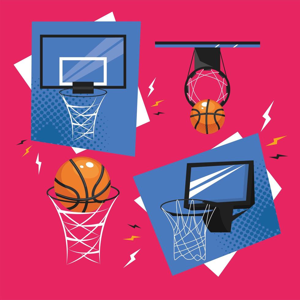 cuatro iconos deportivos de baloncesto vector