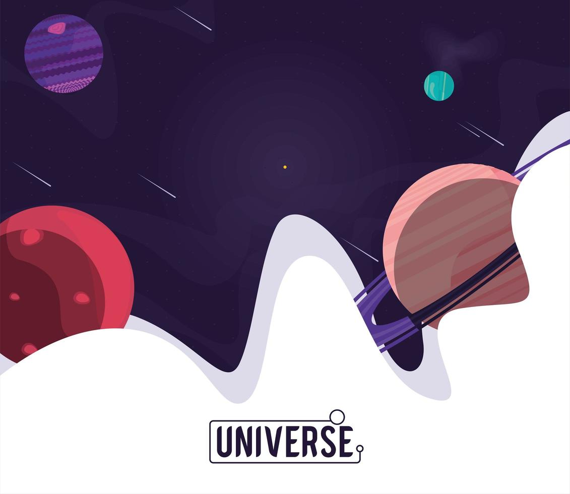 universe lettering with four planets vector