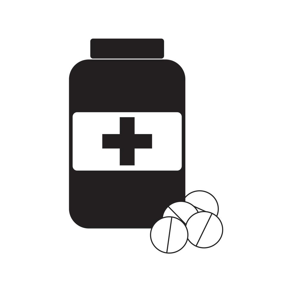 frascos de medicamentos y pastillas. droga. icono blanco y negro. Ilustración vectorial sobre fondo blanco. farmacia vector