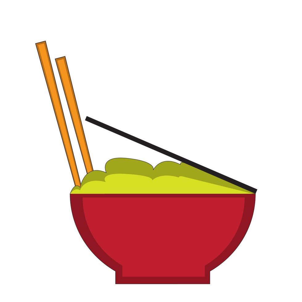 illustration vector graphics of a red bowl containing food and a pair of chopsticks