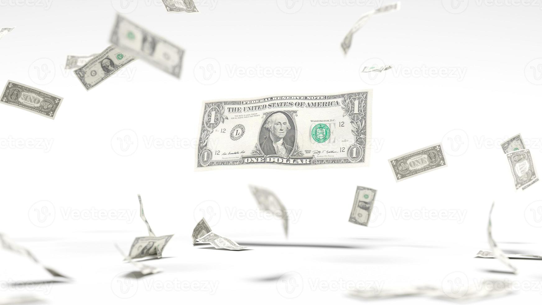Dollars falling through the air, against a white background. 3d illustration photo