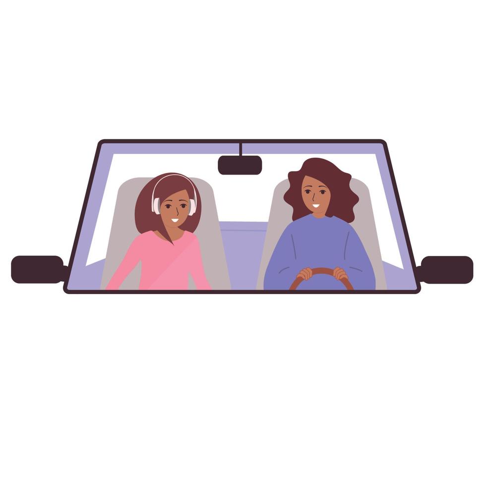Trip, travel in the car. Mom and teen daughter in headphones. Happy family. Vector flat, white background.