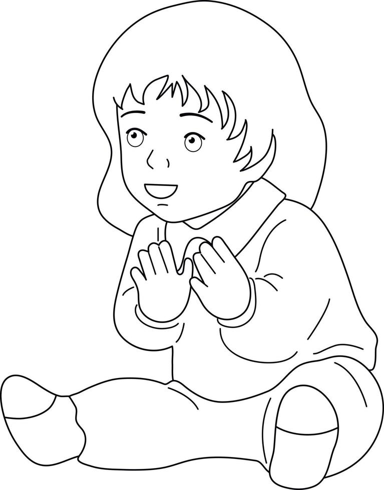 Black and white image. A small child sits and plays. Cute baby smile. White background, vector