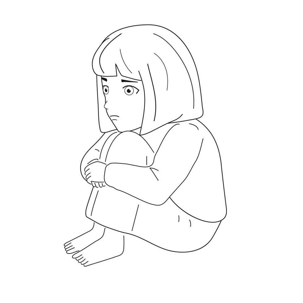 Black and white image. Frightened, depressed, sad girl looks lonely. Vector illustration of a helpless, frightened child. Anxiety and fear