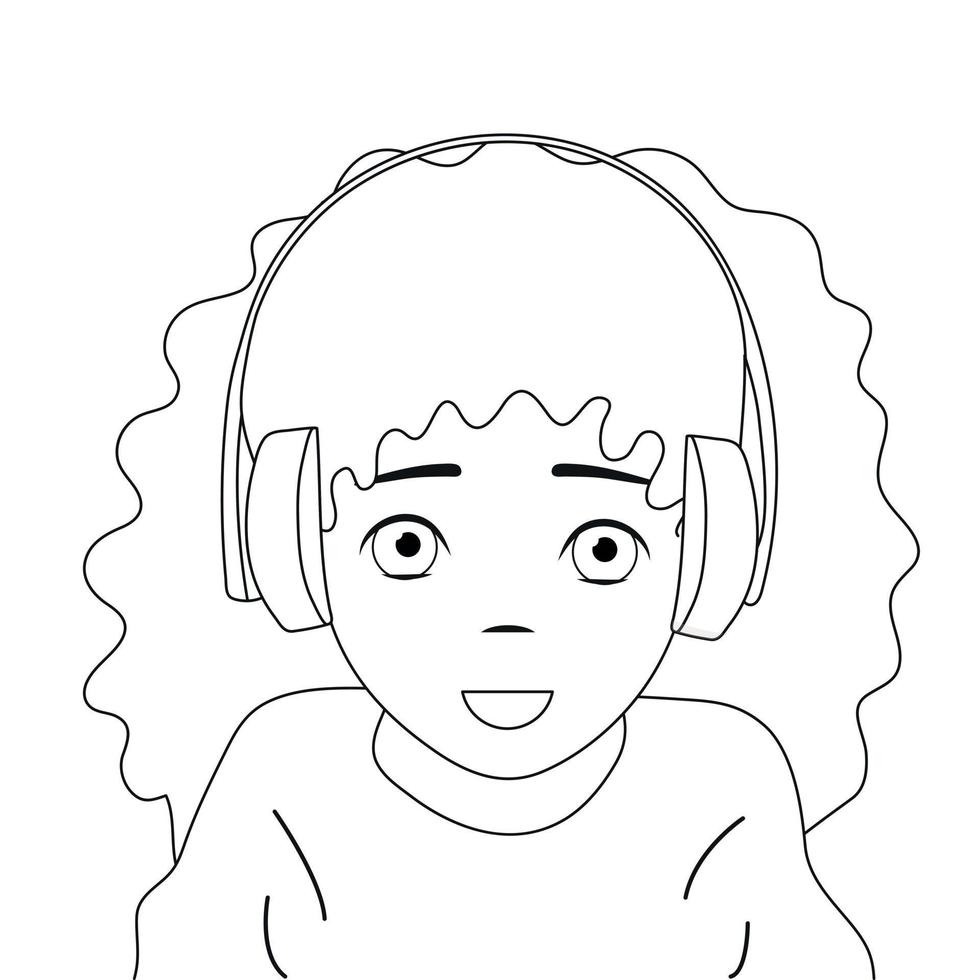 imagen en blanco y negro.una niña escucha música y podcasts en auriculares. fondo blanco, vectorial vector