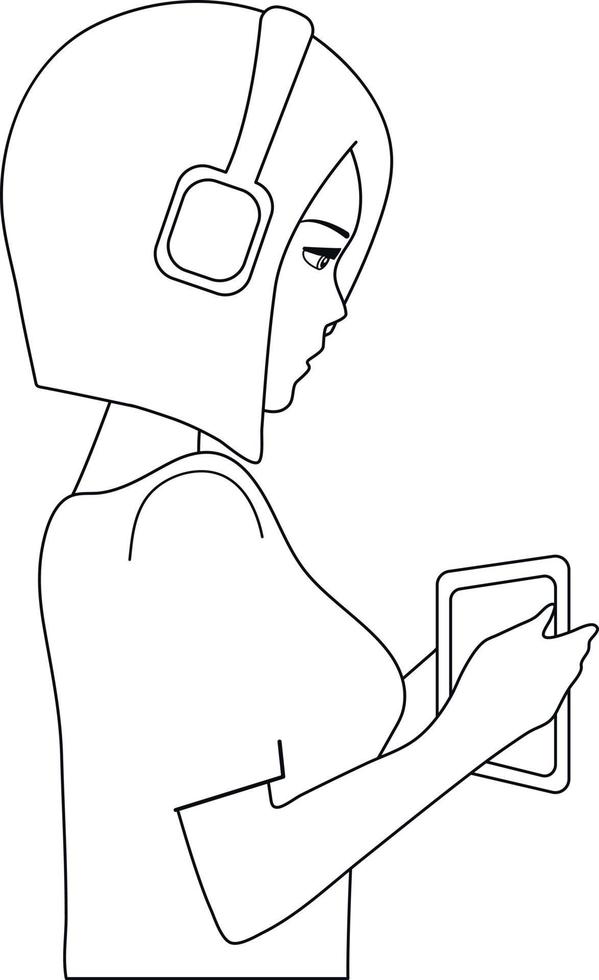 Black and white image.A young girl listens to music and podcasts in headphones. White background, vector