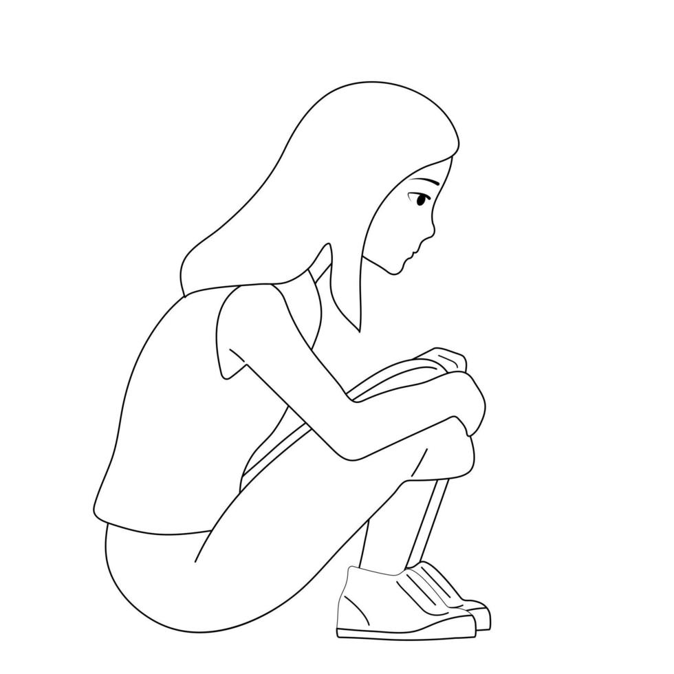 Black and white image. Frightened, depressed, sad girl looks lonely. Vector illustration of a helpless, frightened child. Anxiety and fear