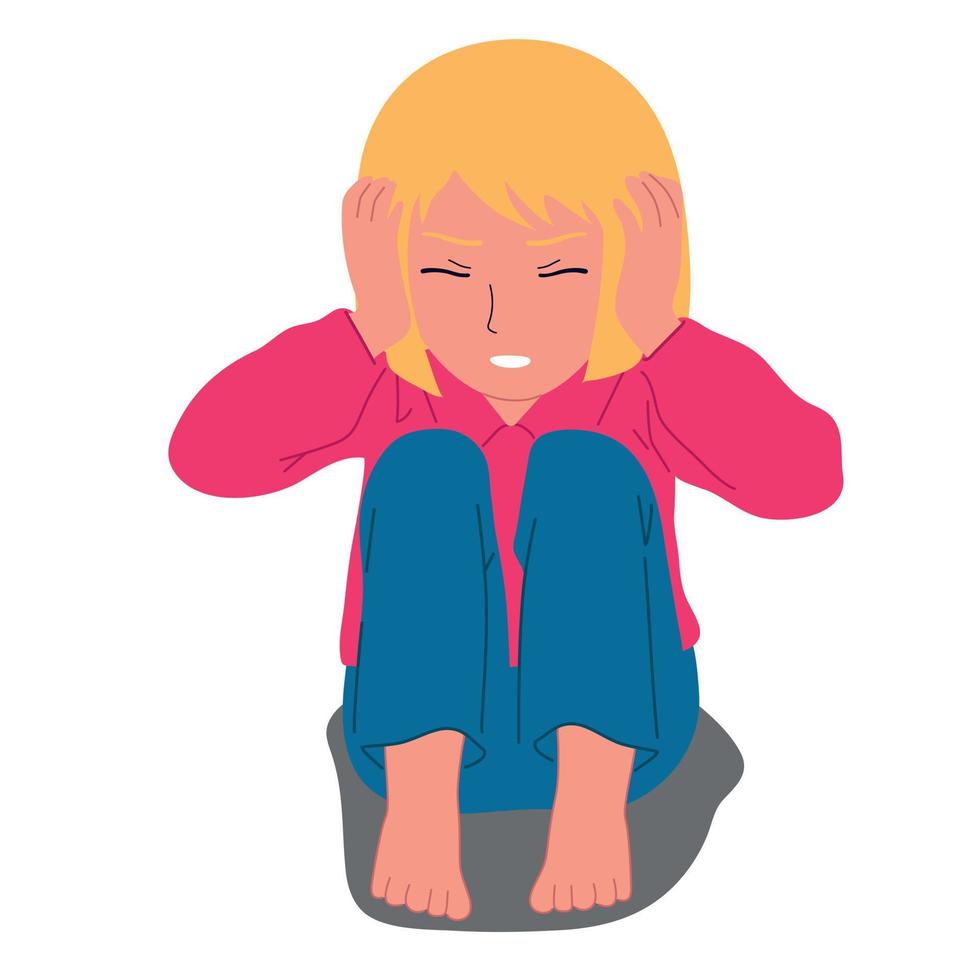 Scared, depressed, sad girl looks lonely.Vector illustration of helpless, frightened child vector