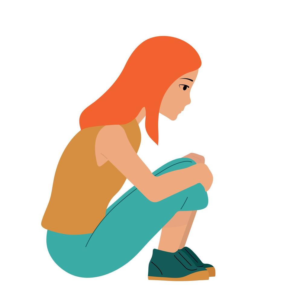 una chica asustada, deprimida y triste se ve sola. ilustración vectorial de un niño indefenso y asustado. vector