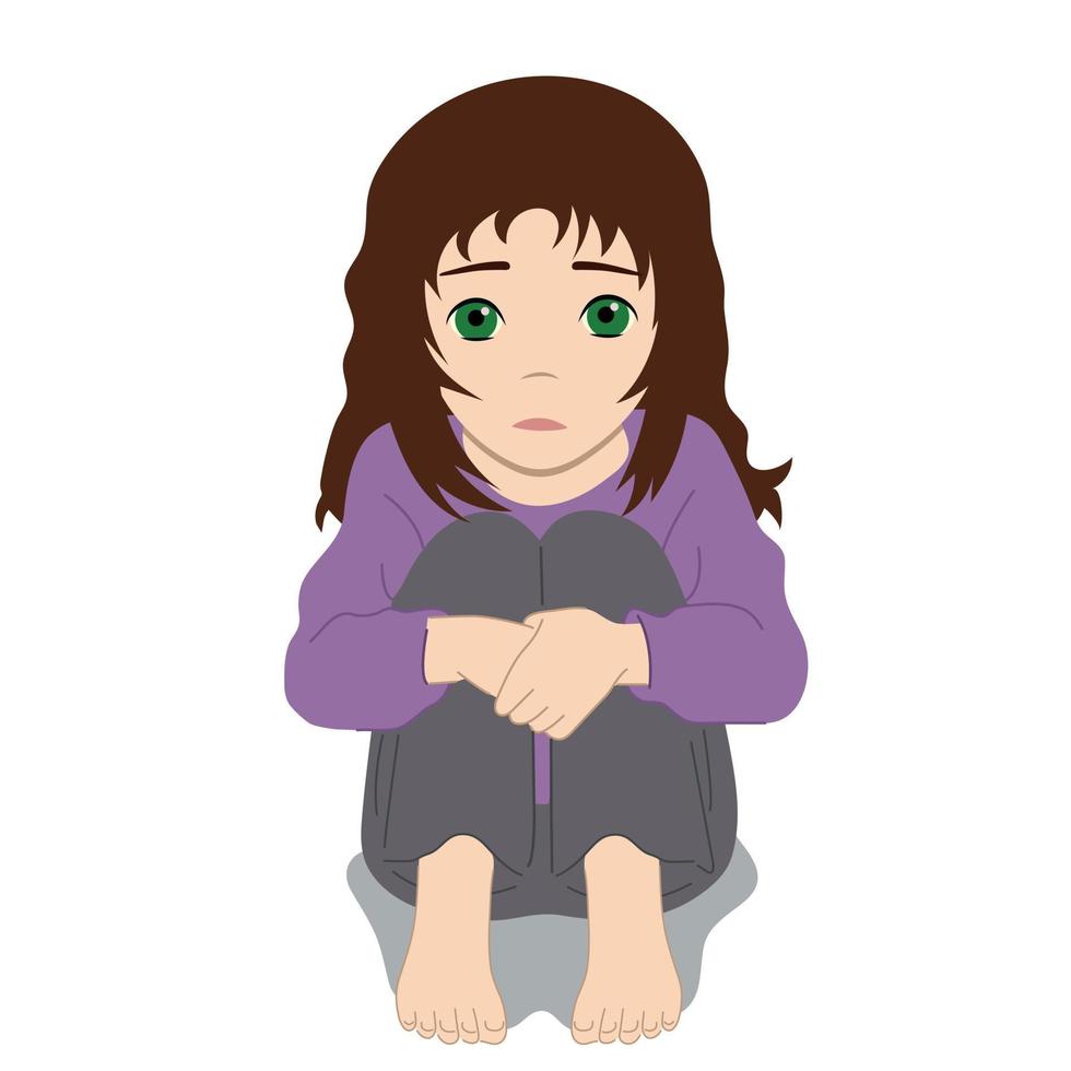 la niña asustada, deprimida y triste se ve sola. ilustración vectorial de un niño indefenso y asustado. vector