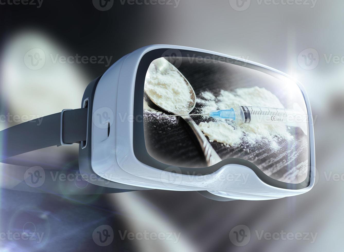 gafas de realidad virtual, negocios, tecnología, internet y concepto de red. cocaína, extracto de jeringa desechable de cuchara que representa la criptomoneda o el dinero digital. foto