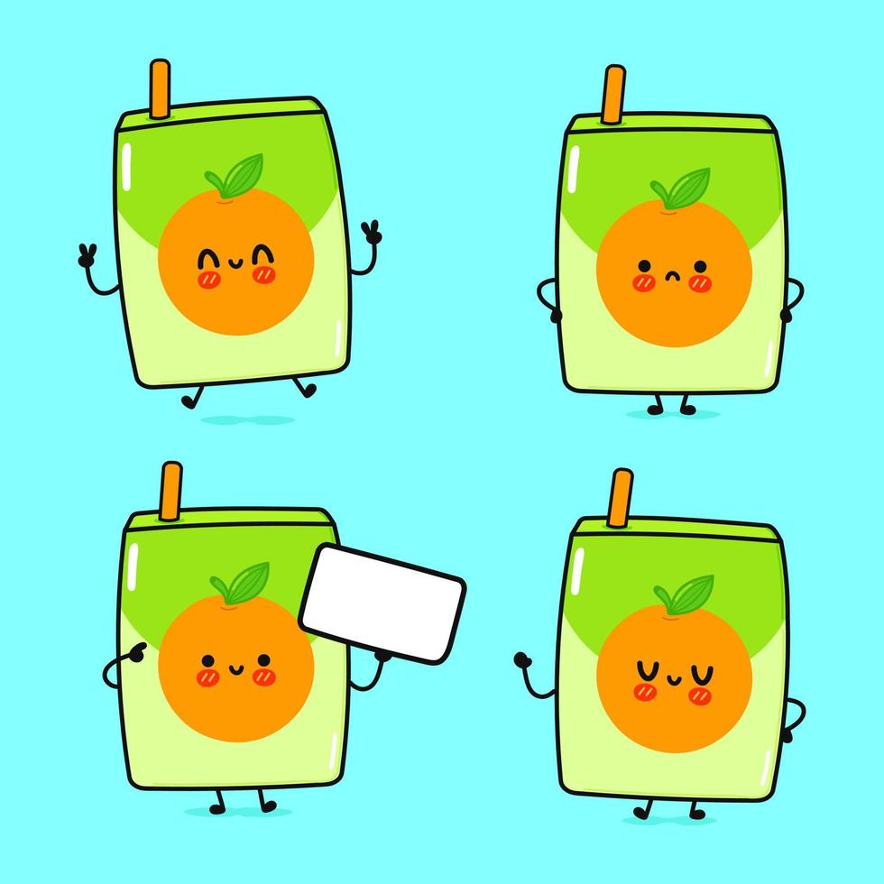 Funny cute happy orange juice characters bundle set. Vector kawaii line cartoon style illustration. Isolated on white background. Cute orange juice mascot character collection