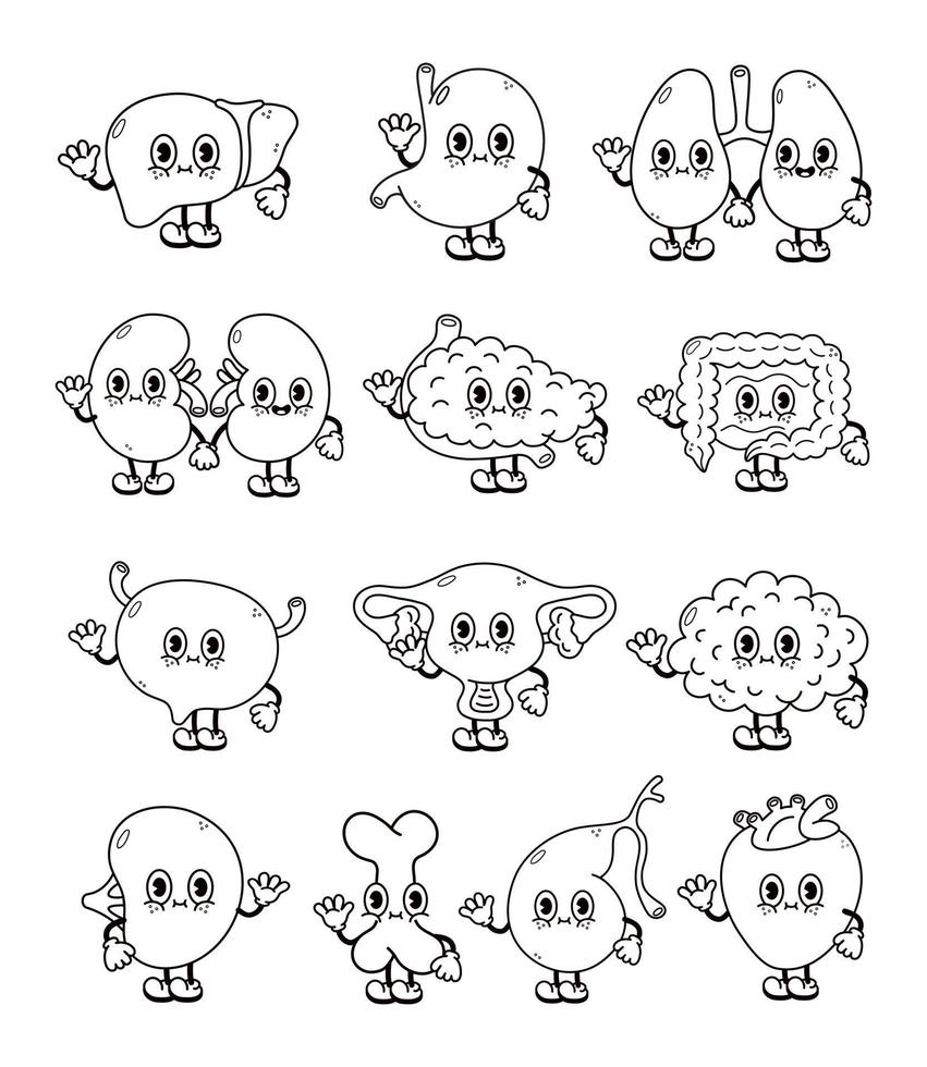 Happy human internal organs. Cartoon heart, liver, stomach, lungs, kidneys, pancreas, intestines, bladder, uterus, brain, spleen, bone, gallbladder. Outline cartoon illustration for coloring book vector