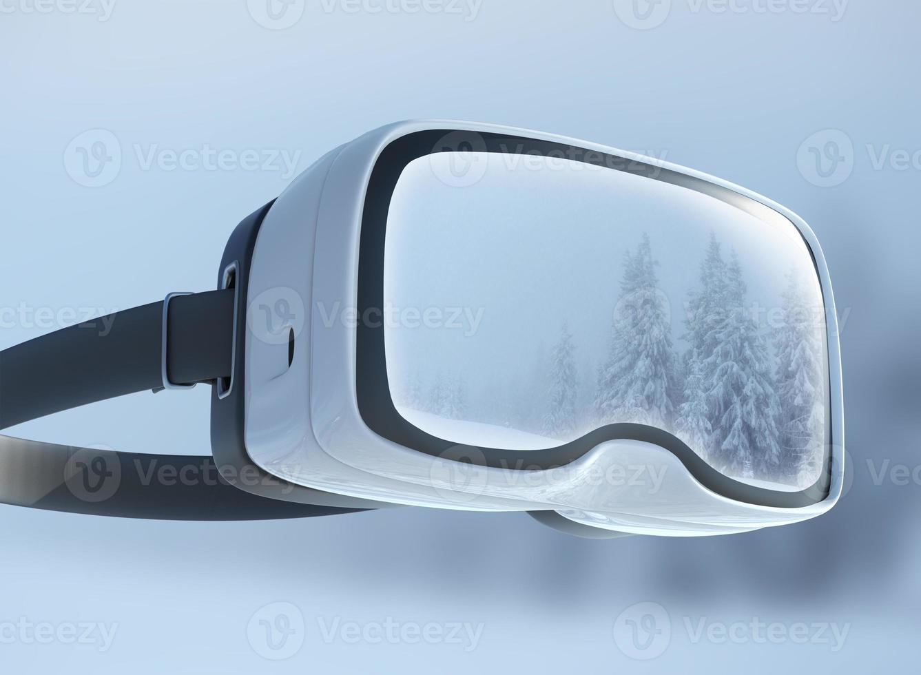 Virtual reality headset, double exposure. Mysterious winter landscape majestic mountains in the . photo