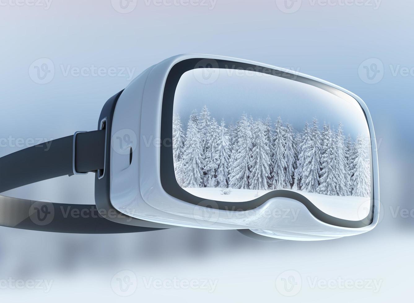 casco de realidad virtual, doble exposición. misterioso paisaje invernal majestuosas montañas en el. foto