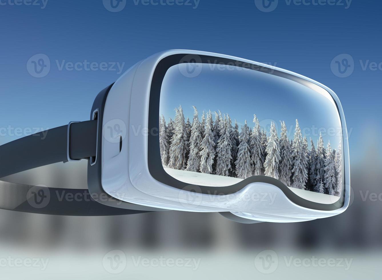 Virtual reality headset, double exposure. Mysterious winter landscape majestic mountains in . Magical  snow covered tree. photo