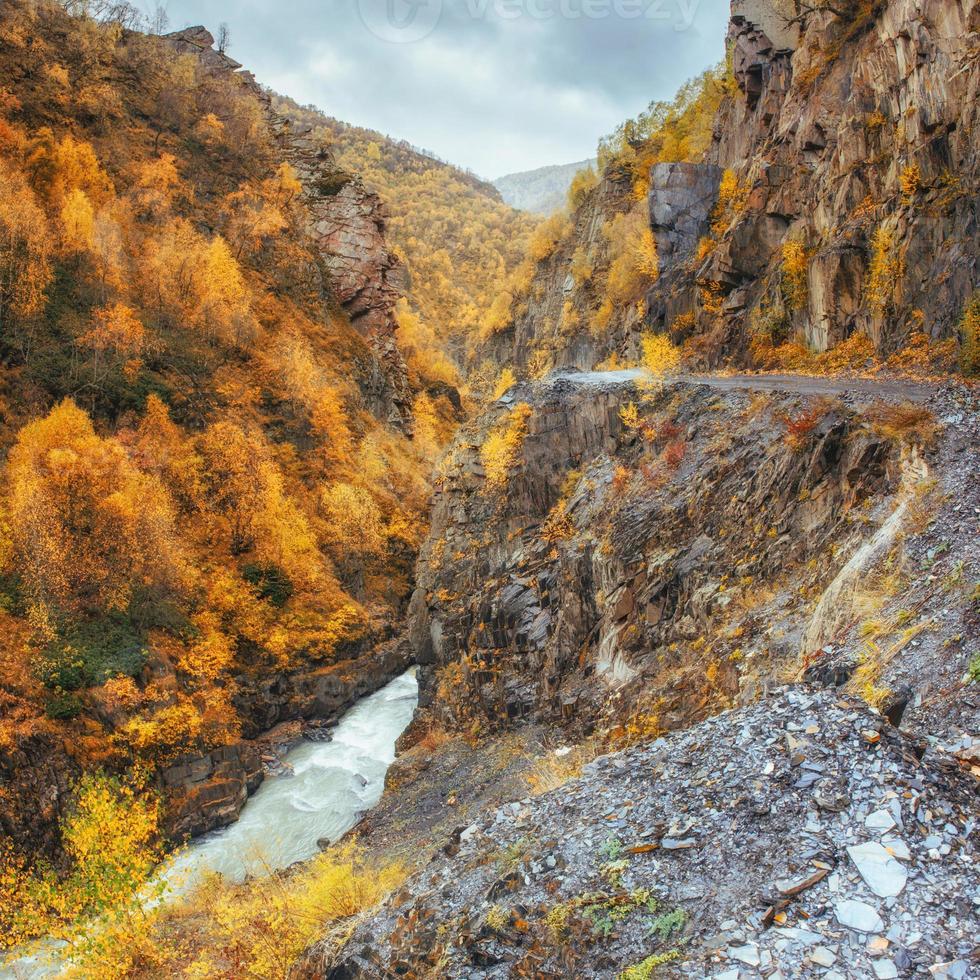 paisaje dorado de otoño entre las montañas rocosas de georgia. camino de piedra Europa foto