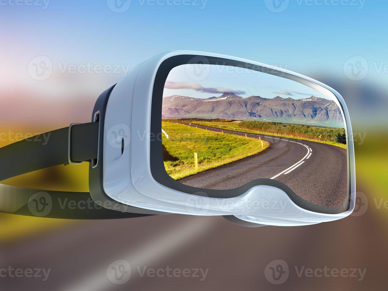 Virtual reality headset, double exposure, along the road photo