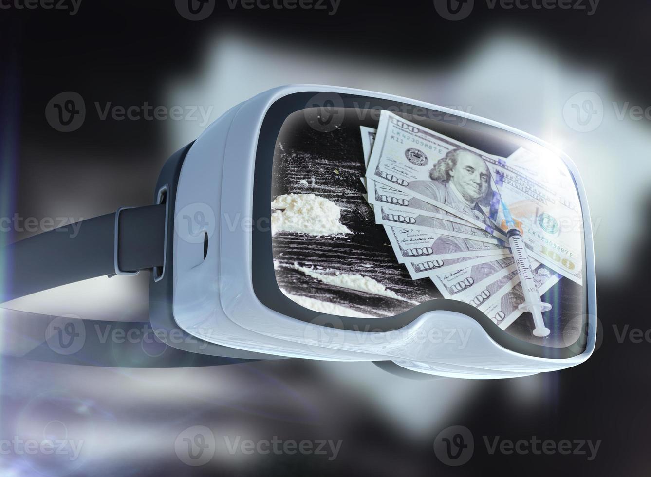 Virtual reality glasses, business, technology, internet and networking concept. Cocaine, spoon  disposable syringe abstract representing the cryptocurrency or digital money. photo