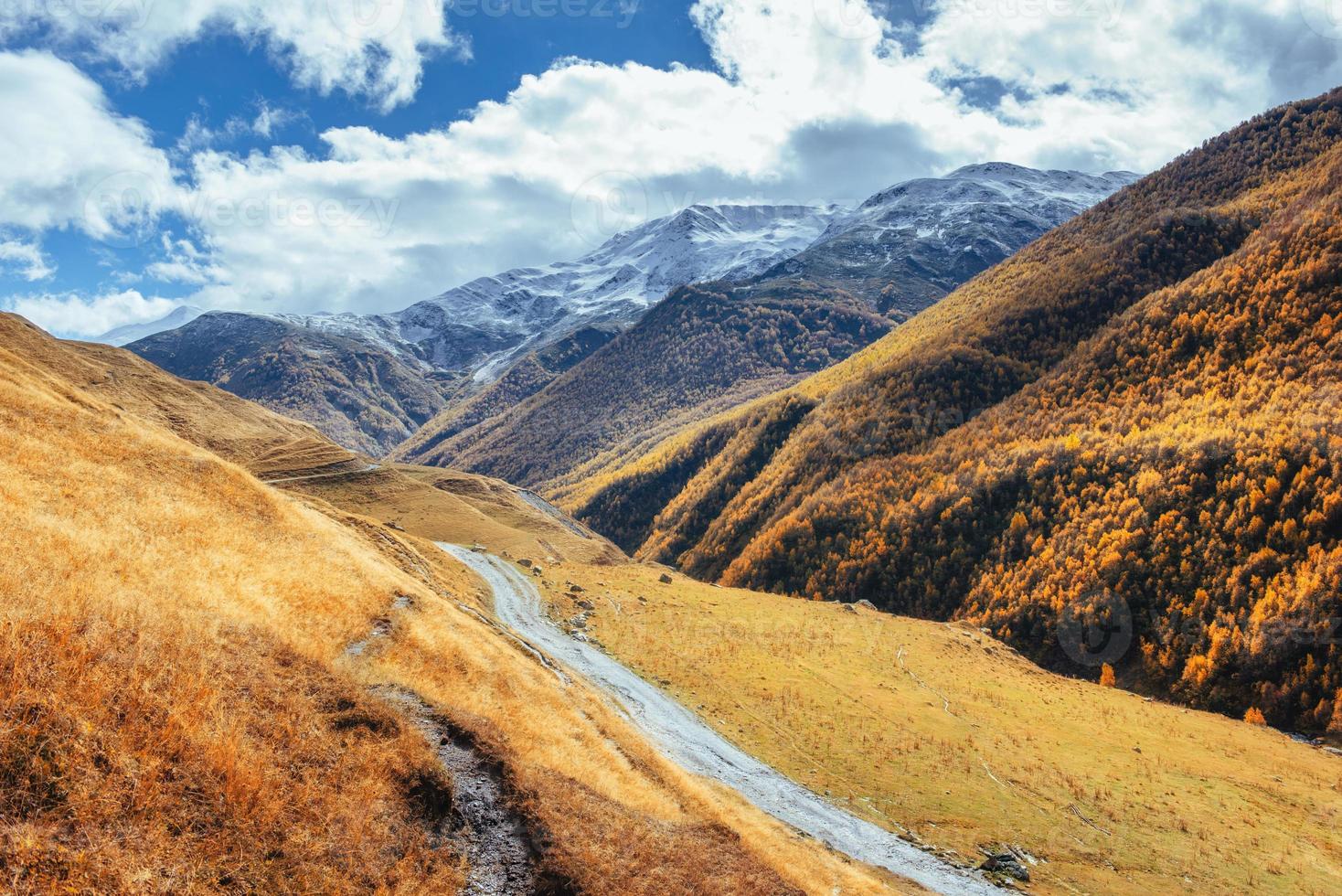 paisaje dorado de otoño entre las montañas rocosas de georgia. camino de piedra Europa foto