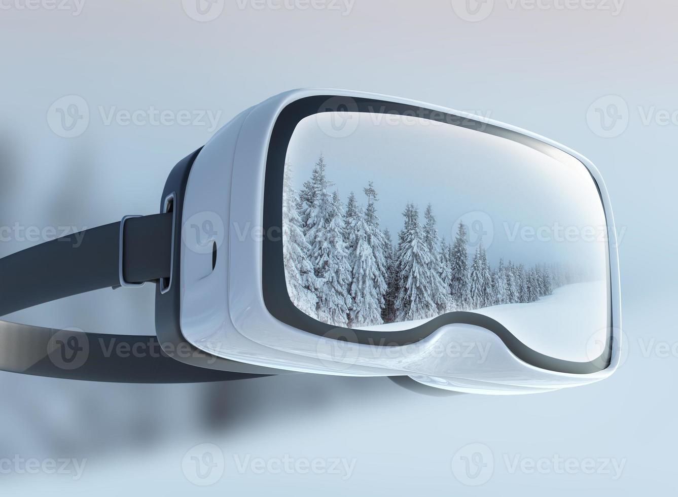 Virtual reality headset, double exposure. Mysterious winter landscape majestic mountains in the . photo