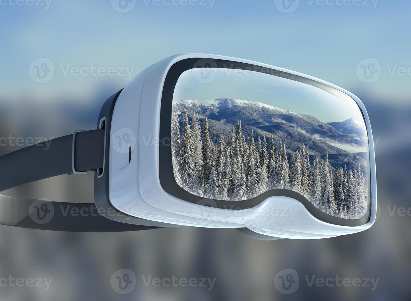 Virtual reality headset, double exposure. Mysterious winter landscape majestic mountains in . Magical  snow covered tree. photo
