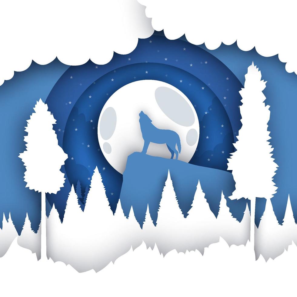 Wolf and Moon Paper Cut Background vector