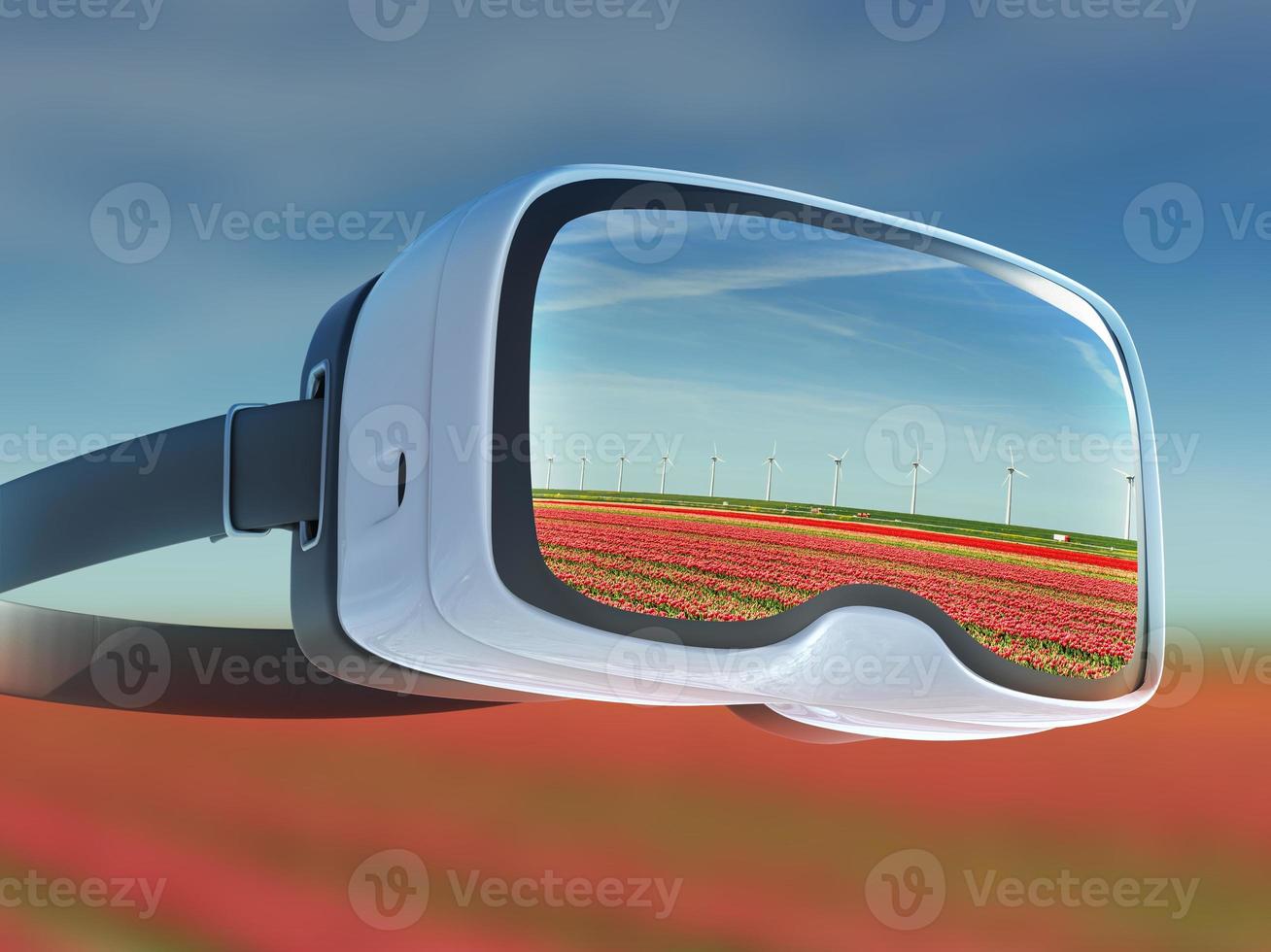 Virtual reality headset, double exposure, Beautiful red tulip field photo