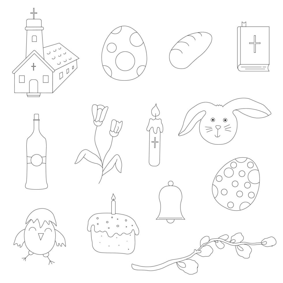 Easter pattern. Seamless pattern with easter icons. Creative easter background with eggs, bunny, rabbit, Easter cake, flowers, wine, willow branch and church vector