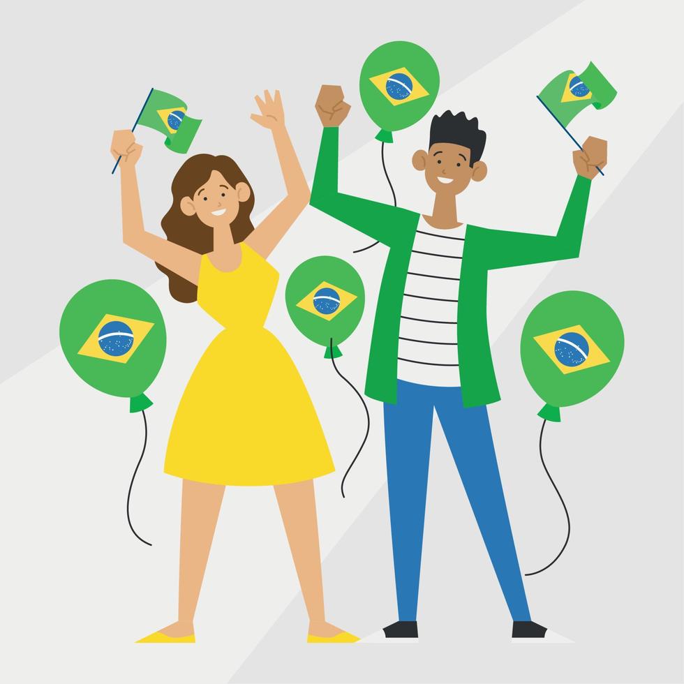 pareja aislada sosteniendo banderas de brasil en el vector del día de la independencia