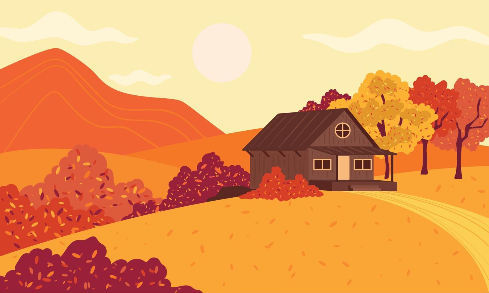 Colored autumn landscape Cabin in the mountains with trees Vector