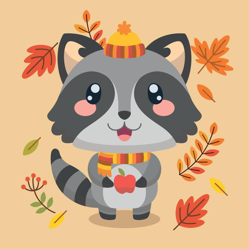 personaje de mapache feliz aislado sosteniendo un vector de fondo de otoño de manzana