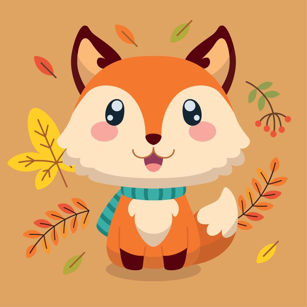 Isolated happy fox character autumn leaves background Vector