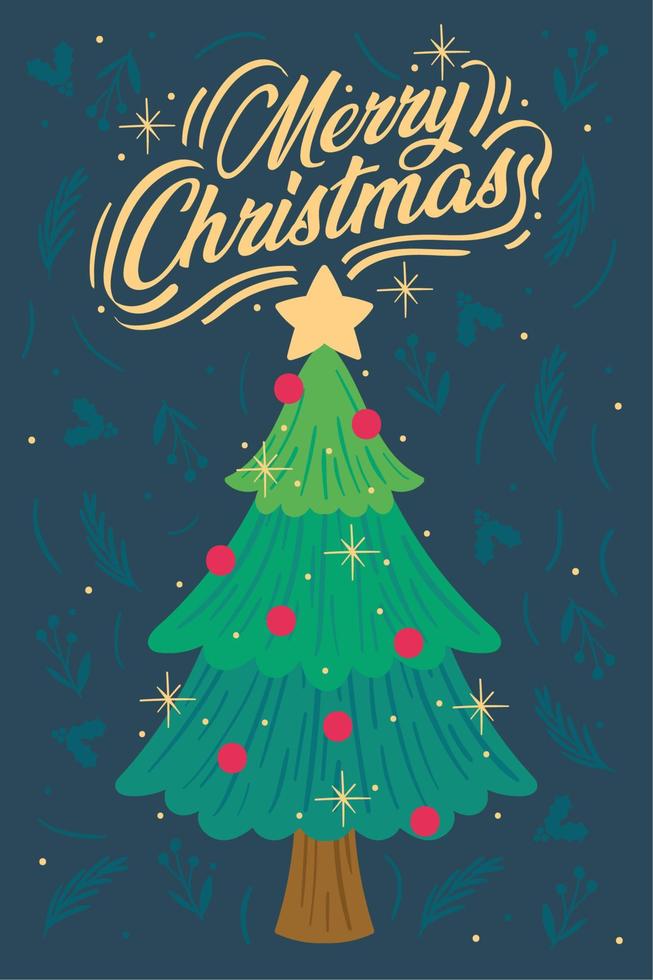 Chritmas tree with balls and star Merry Christmas greeting card Vector