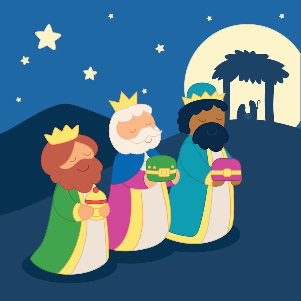 Three wise men cartoon kawaii silhouette of nativity scene Vector