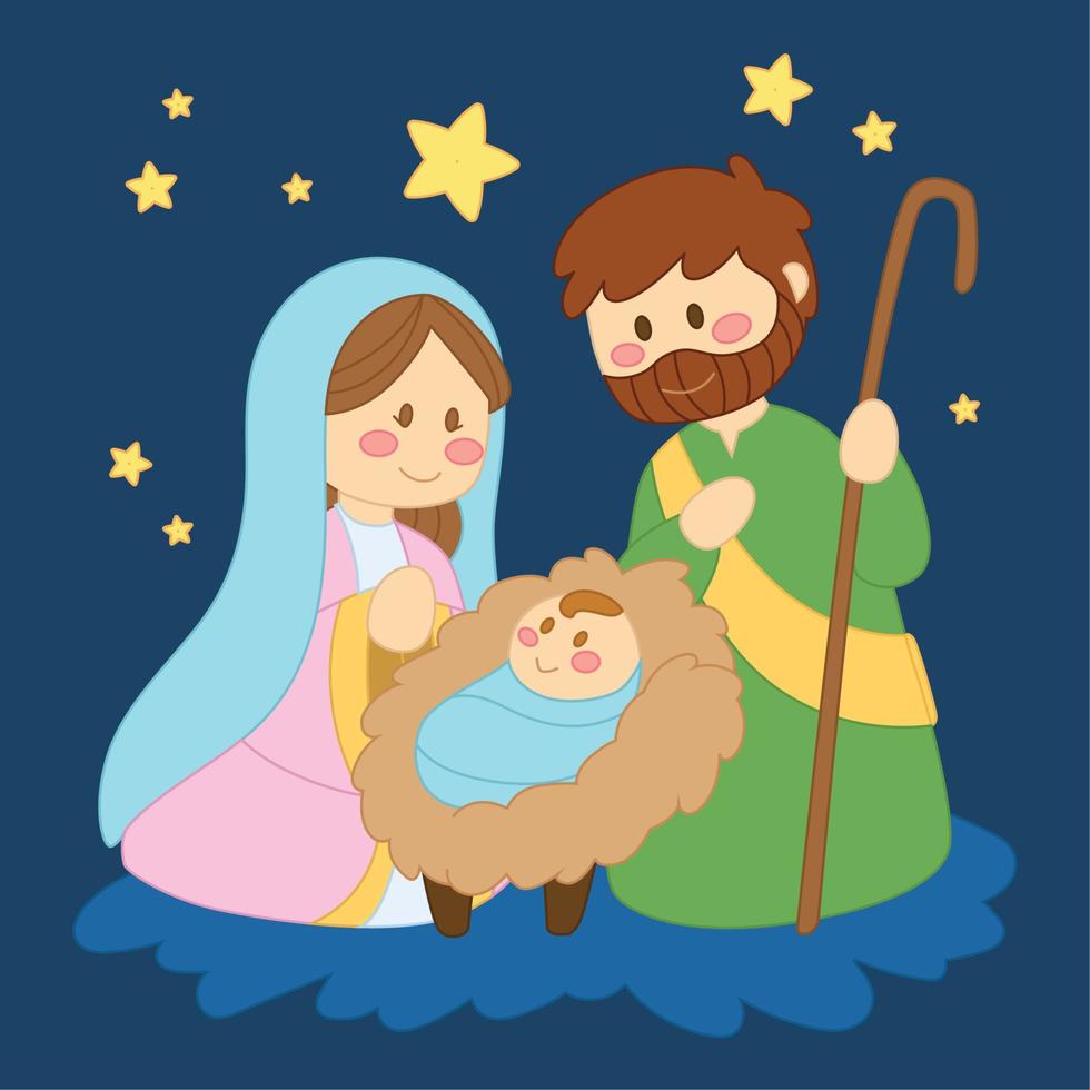 Nativity scene cartoon kawaii Starry Night Vector