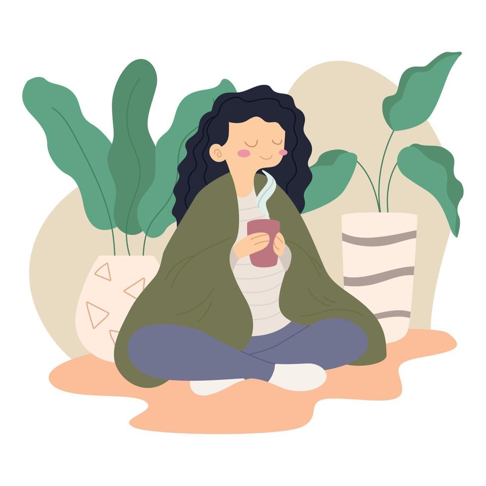 relajado frío mujer taza de té hogar plantas hygge estilo de vida vector