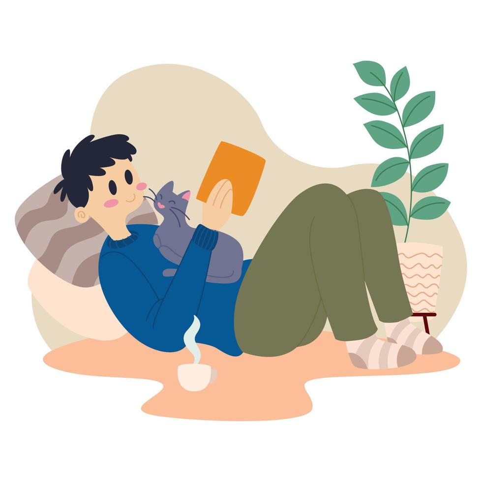 Hygge lifestyle Man reading a book Happy cat Vector