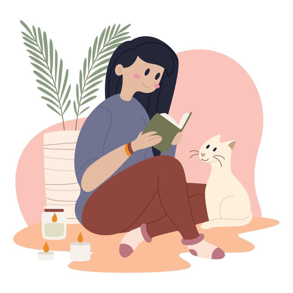 mujer leyendo un libro lindo gato blanco hygge estilo de vida vector
