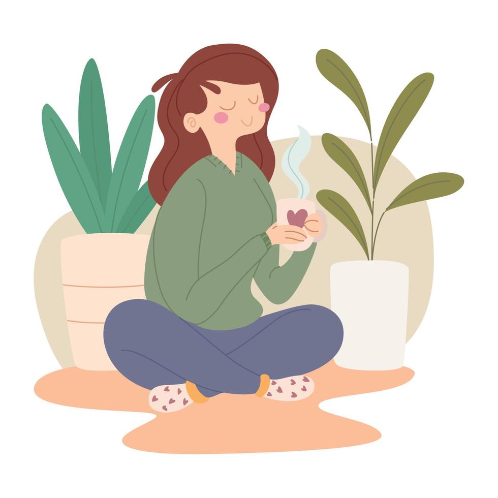 Happy woman having a cup of coffee sitting around plants Vector