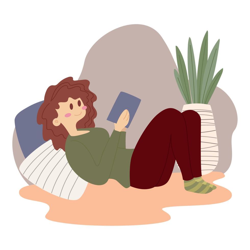 mujer relajada leyendo un libro vector de estilo de vida hygge