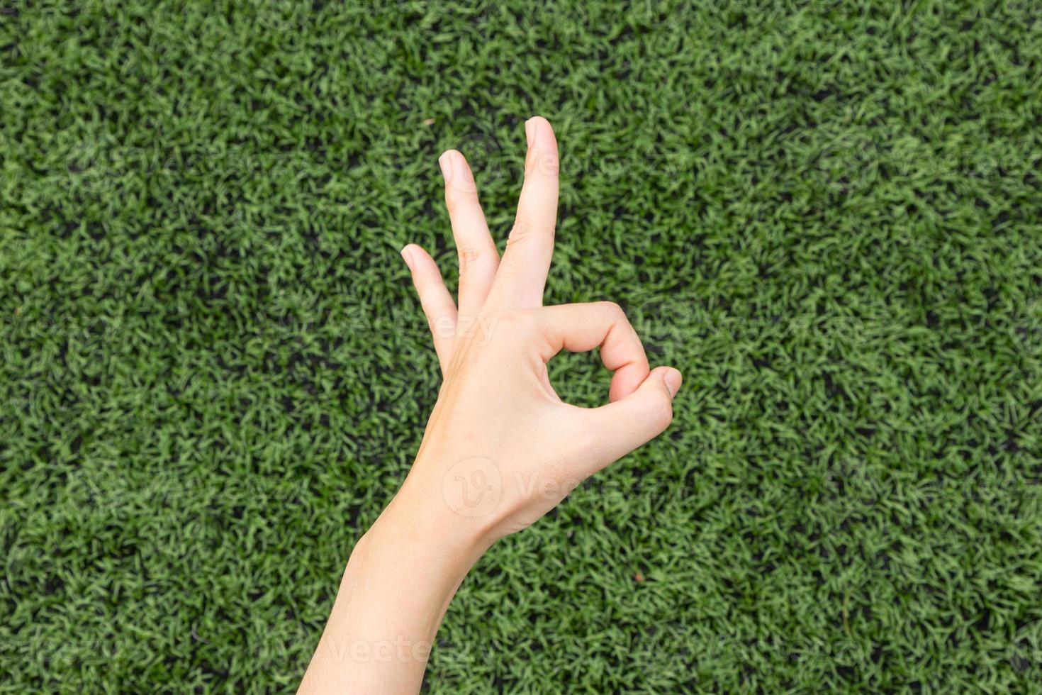 Girl Thumbs ok on background lawn. photo