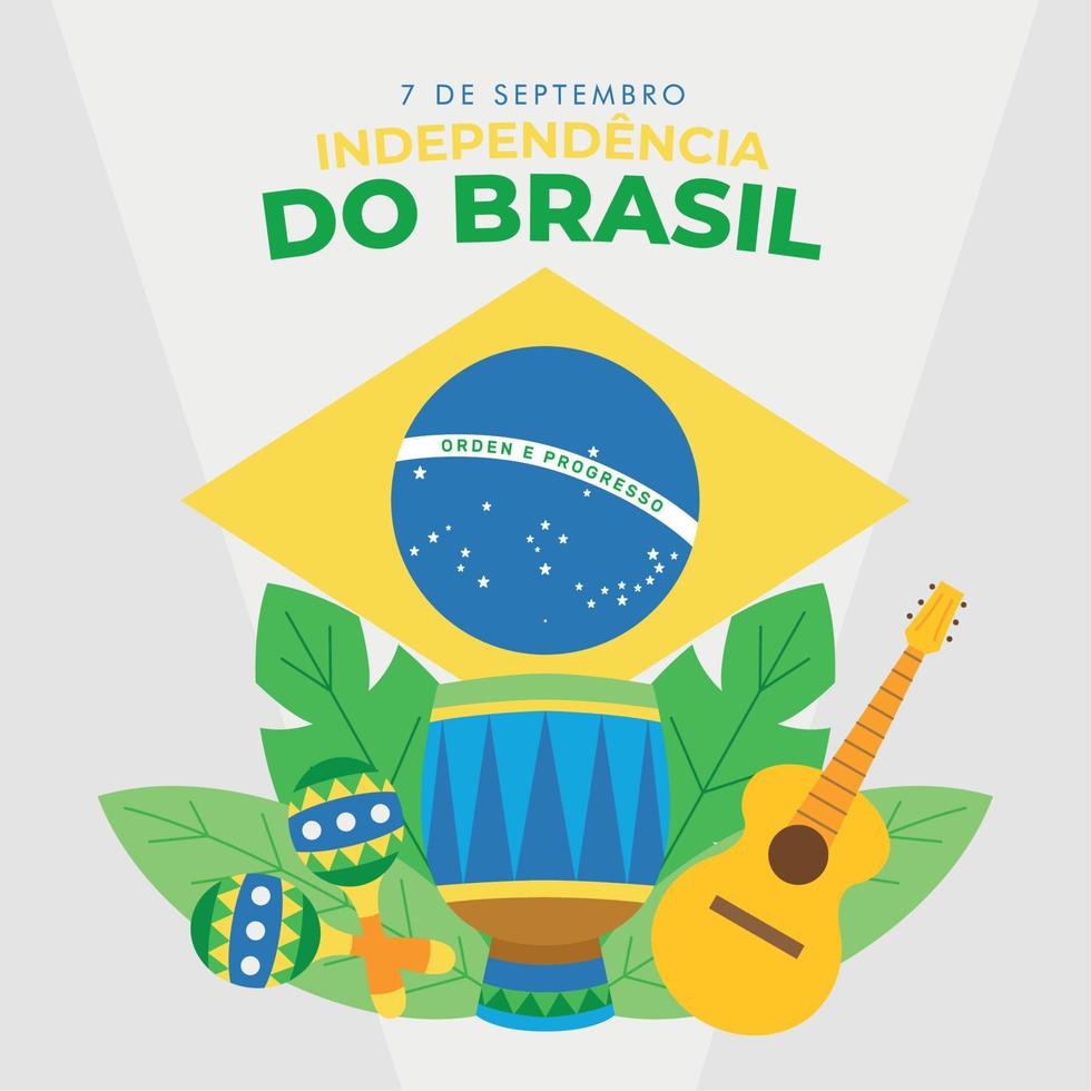 cartel del día de la independencia de brasil guitarra maracas y vector de tambor