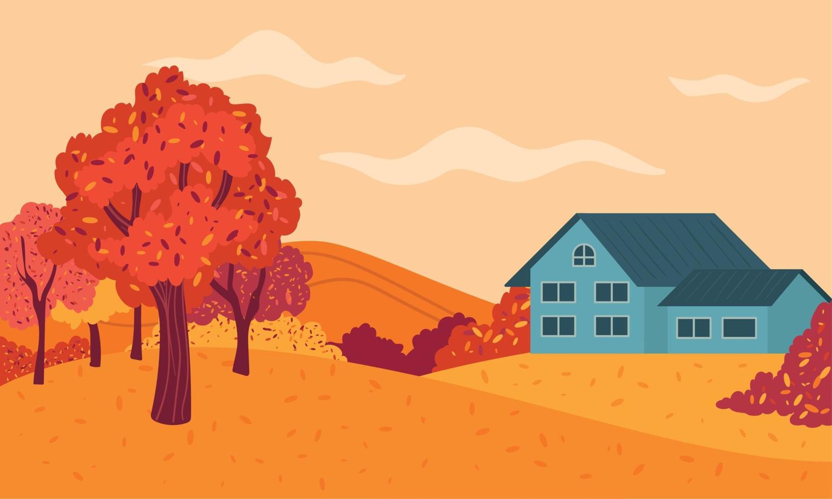 paisaje de una casa en las montañas en vector de otoño